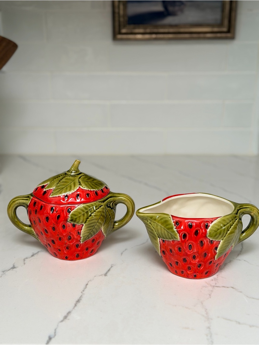 Vintage Strawberry Ceramic Sugar & Creamer Set